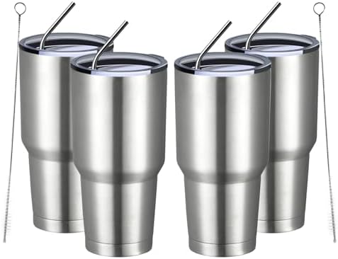 MEWAY 30oz Insulated Tumbler With Lids and Straws,Stainless Steel Double Vacuum Coffee Tumbler Cup, Brush, Durable Powder Coated Coffee Cup for Cold & Hot Drinks, Office(Silver,4 PACK) by MEWAY