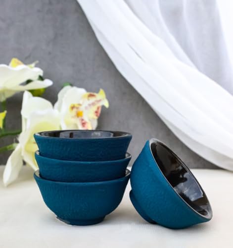 Ebros Gift Pack Of 4 Japanese Traditional Tetsubin Style Rough Textured Surface Mini Cast Iron Tea Cups Teacups Drinkware Tea Service Decorative Accent (Navy Blue) - Image 2