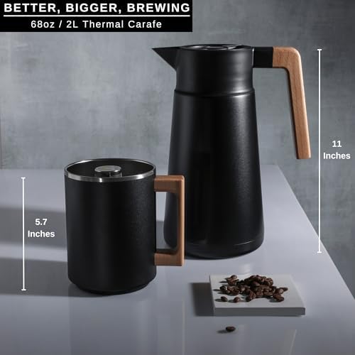 HASTINGS 68 Oz Pour Over Coffee Maker Set with Double Layer Reusable Stainless Steel Filter 8-Cup and Wood Handle - Dual Wall Heat Resistant Drip Coffee Brewer, Pour Over Coffee Dripper Carafe, Black - Image 4