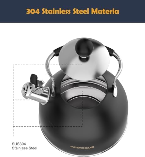 Tea Kettle, 2 Quart Stainless Steel Whistling Tea Kettle, Stovetop Whistling Teakettle Tea Pots for Stove Top with Ergonomic Folding Handle, Small Teapot, Water boiler for Tea, Coffee (Black) - Image 3