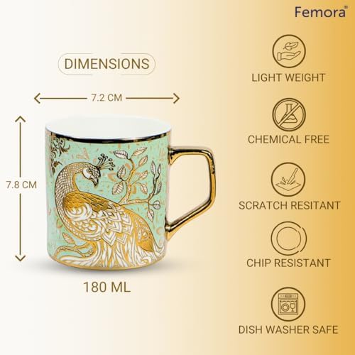 Femora Handcrafted Ceramic Coffee Mugs Indian Golden Tea Cups Set of 6 (6 oz), Cappuccino Cups, Coffee Cups, White Tea Cup Set, British Coffee Cups, Porcelain Tea Set, Latte Cups, Espresso Mug. - Image 2