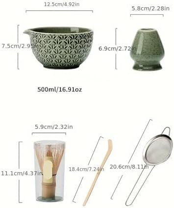Matcha Set 2/6 Pieces - Green Pattern Tea Bowl, Bamboo Stirrer, Spoon & Filter Traditional Ceremony(2 pieces B) - Image 6