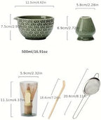 Matcha Set 2/6 Pieces - Green Pattern Tea Bowl, Bamboo Stirrer, Spoon & Filter Traditional Ceremony(2 pieces B) - Image 6