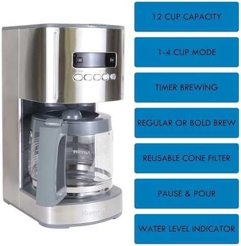 Kenmore Drip Coffee Maker - 12 Cup Programmable Cafe Machine With Glass Pot, Regular & Bold Brew, Auto Shut Off Large Water Reservoir, Reusable Filter, Kitchen Appliances For Cafeteria Barista - Image 3