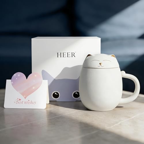 HEER Cat Ceramic Tea Mug 13.5oz with Infuser and Lid, White - Image 2
