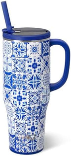 Swig Life 40oz Leakproof Mega Mug with Handle & Straw, Indigo Tiles by SwigLife
