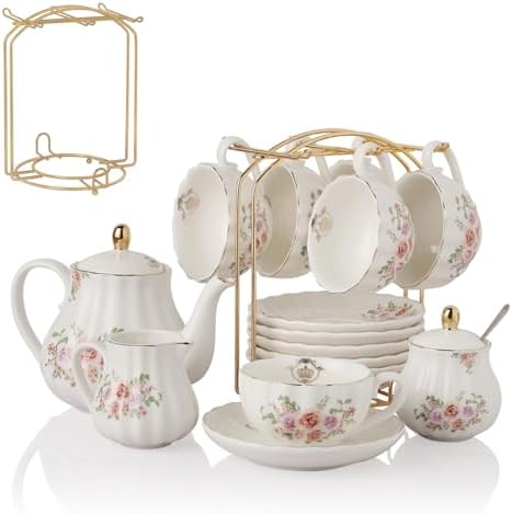 Porcelain Tea Sets British Royal Series, 8 OZ Cups& Saucer Service for 6, with Teapot Sugar Bowl Cream Pitcher Teaspoons and tea strainer and Display Stand for Tea/Coffee (Rose Flower) by Sweejarco1949