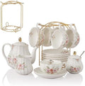 Porcelain Tea Sets British Royal Series, 8 OZ Cups& Saucer Service for 6, with Teapot Sugar Bowl Cream Pitcher Teaspoons and tea strainer and Display Stand for Tea/Coffee (Rose Flower) by Sweejarco1949