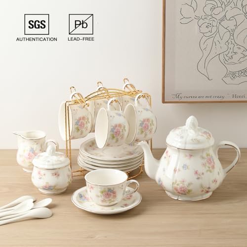 Sweejar 23 Pcs Floral Tea Sets with Metal Holder, Relief Gold Rim Porcelain Tea Sets for Adults, Cup and Saucer Set for 6, with Teapot, Sugar Bowl, Milk Jug, Spoons (Small Flower) - Image 2