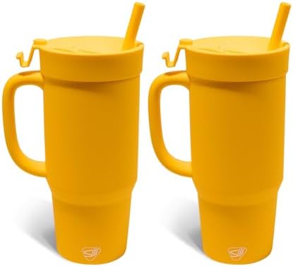 Silipint 32oz Silicone Humbler Tumbler with Handle, Flip Lid and Straw – BPA-Free, Non-Toxic, Unbreakable, Microwave, Dishwasher Safe – Perfect for Tea, Cold Water, Classic Yellow - Pack of 2 by Silipint