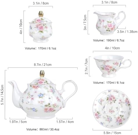 fanquare 21 Piece Vintage Pink Blue Floral Porcelain Tea Set with Gold Trim - Image 6