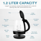 AROMA® 1.2L / 5-Cup Glass Electric Kettle with Cordless Pouring, Trigger-Release Lid, Automatic Shut-off, Black (AWK-151B) (Pack of 2) - Image 4