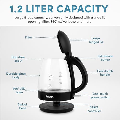 AROMA® 1.2L / 5-Cup Glass Electric Kettle with Cordless Pouring, Trigger-Release Lid, Automatic Shut-off, Black (AWK-151B) - Image 4