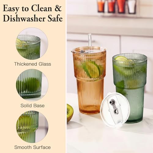 6PCS Ribbed Glass Cups with Lids and Straws, 20oz Vintage Drinking Glasses, Aesthetic Iced Coffee Cups, Glass Tumbler for Boba, Beer, Tea, Cocktails, Ribbed Glassware Set (Colored-6) - Image 6