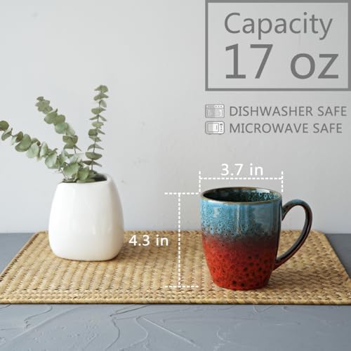 Bosmarlin Ceramic Coffee Mug Set of 4, 17 Oz, Coffee Cups with Big Handle, Microwave Safe, Unique Reactive Glaze (Blue&Red) - Image 2