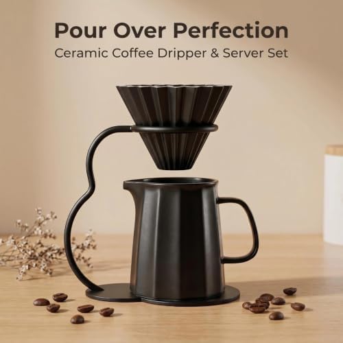 Pour Over Coffee Maker set,Ceramic Coffee Maker With V60 40 pcs Paper Filter，Metal Stand Pour Over Coffee Dripper black - Image 2