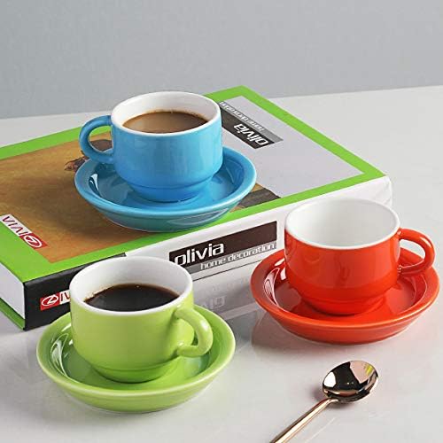 Sweejar Porcelain Espresso Cup & Saucer Set, Stackable Demitasse Cups with Metal Stand, 2.5 OZ for Latte,Coffee,Cafe Mocha,Tea, Set of 6(Multi) - Image 4