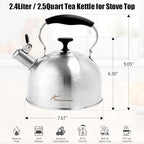 Stainless Steel Tea Kettle, 2.5 Qt Stovetop Teapot, Brushed - Image 3