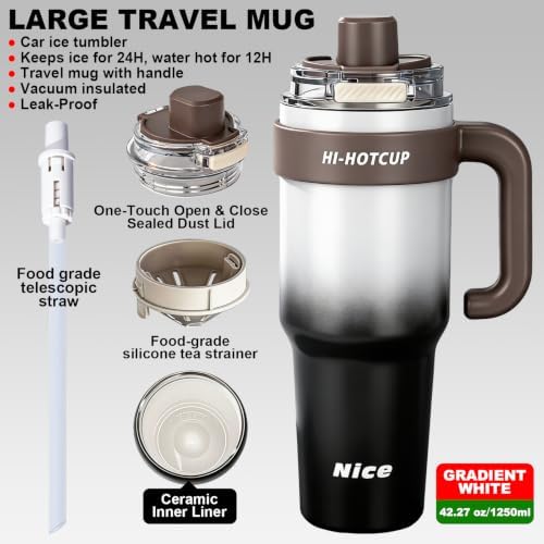 (Gradient White-ceramic inner+ Handle+independent tea utensil+3 drinking mode) 40oz Insulated Tumbler with Handle, 316 Stainless Steel Vacuum Travel Mug for Car Office Gym Outdoor - Image 2