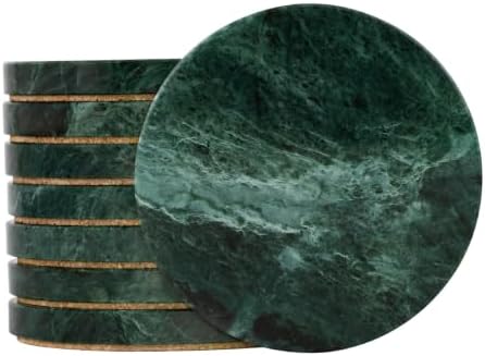 Green Marble Coasters Set of 8, 3.9"Natural Stone Drink Coasters, Cork Base by JUNTALIS