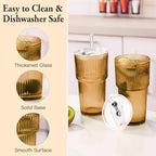 Amber Drinking Glasses，4PCS Amber Ribbed Glass Cups with Lids and Straws, 20oz Vintage Drinking Glasses, Aesthetic Iced Coffee Cups, Brown Yellow Glass Cup - Image 5