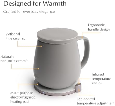 Ui+ Self-Heating Mug Set – Soft Gray | 18 fl oz / 532 mL Ceramic Coffee Mug Warmer, Infrared Temperature Control Heating Mug with OHOM Pad Max for Coffee & Tea - Image 3