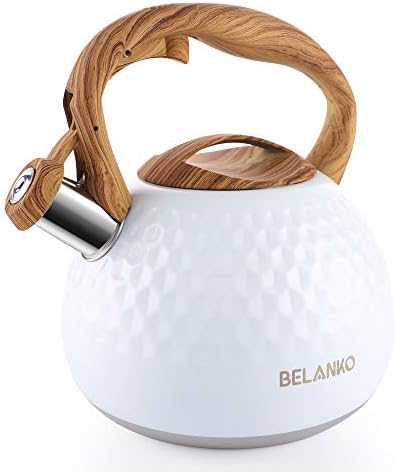 BELANKO 2.7 Quart Tea Kettle for Stovetop - Food Grade Stainless Steel with Diamond Texture, Designer Teapot Look, Cool-Touch Wood Pattern Handle, Whistling Spout - Gloss White by BELANKO