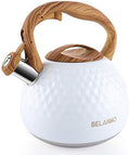 BELANKO 2.7 Quart Tea Kettle for Stovetop - Food Grade Stainless Steel with Diamond Texture, Designer Teapot Look, Cool-Touch Wood Pattern Handle, Whistling Spout - Gloss White by BELANKO