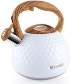 BELANKO 2.7 Quart Tea Kettle for Stovetop - Food Grade Stainless Steel with Diamond Texture, Designer Teapot Look, Cool-Touch Wood Pattern Handle, Whistling Spout - Gloss White by BELANKO