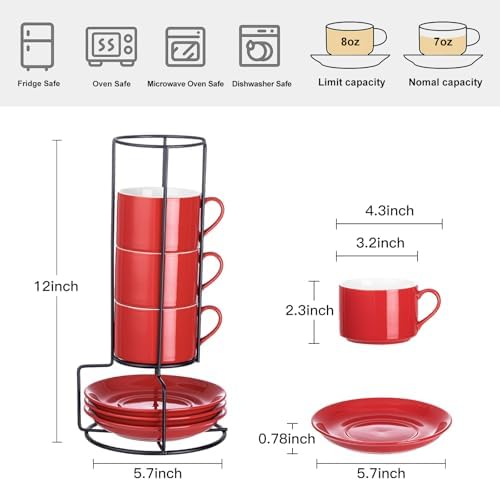 8 OZ Porcelain Stackable Cappuccino Cups and Metal Stand Set of 4 - Image 2