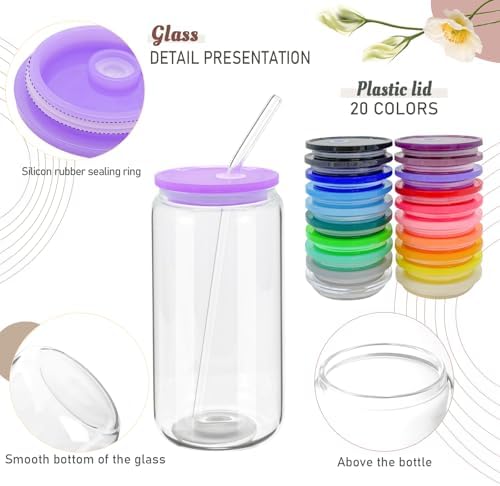 WHEATHUSK 20 Pack Glass Cups with Acrylic Lids and Glass Straws 16oz Iced Coffee Cups Clear Glass Tumbler Can Shaped Drinking Glasses, Cute Glass Smoothie Cups for Tea Beer Soda Whiskey Gift - Image 2