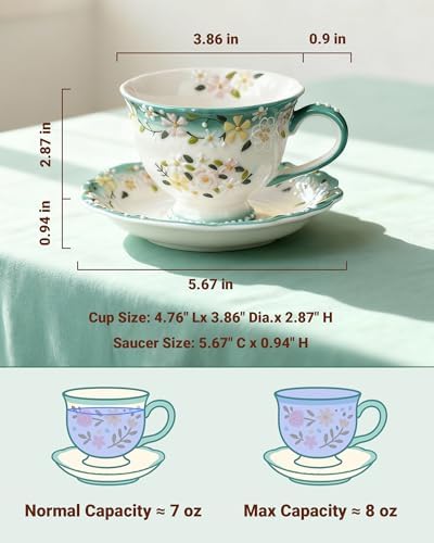 8oz Bone China Tea Cup and Saucer Set, Azure Bloomfield - Image 2