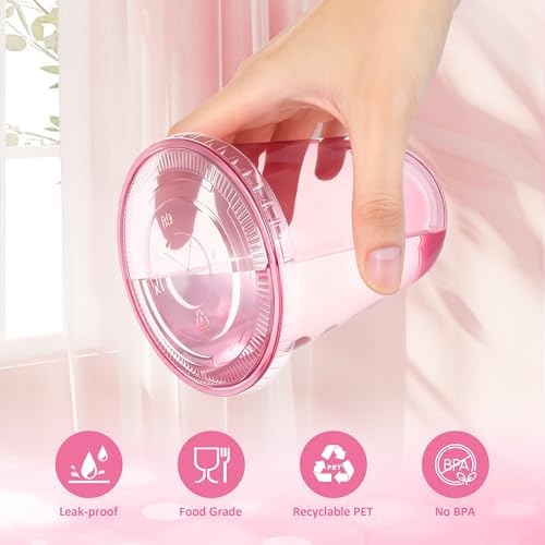 tchrules 100 Set 16oz Pink Plastic Disposable Cups with Lids and Straws - Image 4