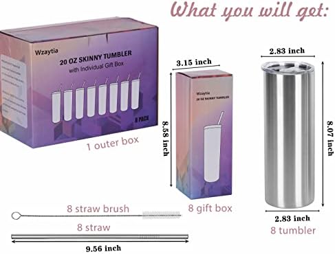 8 Pack 20 Oz Straight Skinny Tumblers, Individually Gift Boxed Stainless Steel Slim Skinny Tumbler Set Bulk, 20 Oz Insulated Slim Thin Travel Tumbler Cup for Diy, Silver - Image 2
