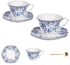 Vintage Floral Porcelain Tea Cup and Saucer Set with Spoon, Gold Trim, 6.4 oz – Set of 2, Blue – Tea & Espresso & Coffee Cups (2, China Flower) by Unknown