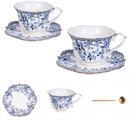 Vintage Floral Porcelain Tea Cup and Saucer Set with Spoon, Gold Trim, 6.4 oz – Set of 2, Blue – Tea & Espresso & Coffee Cups (2, China Flower) by Unknown