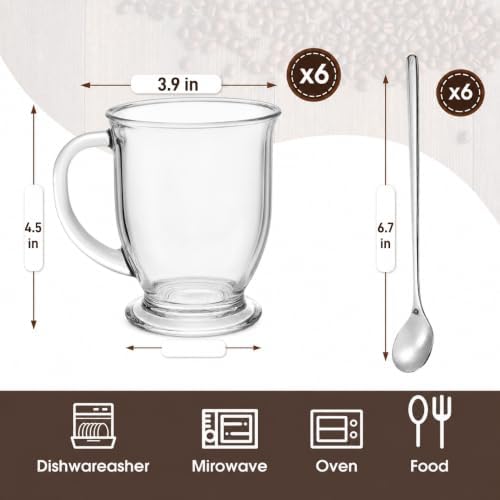 6 Pack Glass Coffee Mugs with 6 Spoons, 15 OZ Clear Drinking Glasses with Handle, Large Espresso Cup, Hot Cold Beverage Glassware Set for Water, Tea, Cappuccino, Latte, Juice, Cocoa, Milk - Image 2