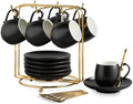 LYEOBOH Espresso Cups and Saucers Set, Ceramic Coffee Cup 3 Ounces Small Demitasse Cups Espresso Mugs with Spoons & Metal Stand for Cappuccino, Latte, Tea, Set of 6, Black by LYEOBOH