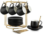 LYEOBOH Espresso Cups and Saucers Set, Ceramic Coffee Cup 3 Ounces Small Demitasse Cups Espresso Mugs with Spoons & Metal Stand for Cappuccino, Latte, Tea, Set of 6, Black by LYEOBOH