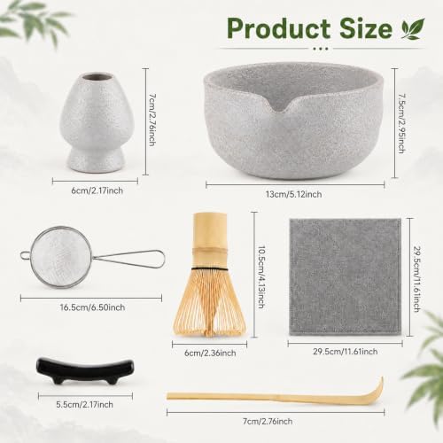 7PCS Matcha Set, Matcha Making Kit Includes Matcha Whisk and Bowl, Tea Lid, Scoop, Strainer and Match Whisk Holder, Tea Towel, Matcha Whisk Set for Matcha Lovers (Grey White) - Image 2