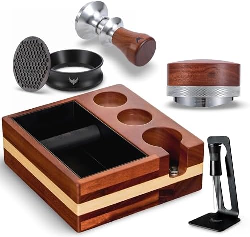 58mm Espresso Tamping Kit – Includes Calibrated Tamper, Distributor, Magnetic Dosing Funnel with Puck Screen, WDT Tool, Knock Box with Tamp Station by KNODOS