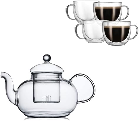 CNGLASS 8oz (4-pack) Double Wall Glass Mugs 33.8oz Glass Teapot Stovetop Safe by CNGLASS