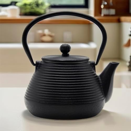 20.3oz Small Cast Iron Teapot, SECHUDO Cast Iron Tea Kettle for Stovetop Safe Coated with Enameled Interior, Cast Iron Tea Pot with Stainless Steel Infuser for Loose Tea (Black Pinstripe Pattern) - Image 4