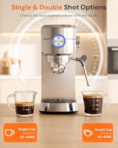 Kismile Compact 20 Bar Espresso Machine with Milk Frother, Single & Double Shot, 1350W Fast Thermoblock Heating System, Semi-Automatic for Home Baristas, Latte & Cappuccino, Premium Stainless Steel - Image 3