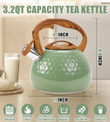 3.2Qt Stainless Steel Whistling Tea Kettle Stovetop, Emerald Green - Image 3