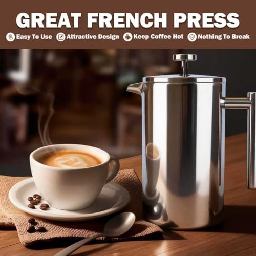Extra Large French Press, French Press Coffee Maker 61 oz (1.8L), Insulated Stainless Steel French Press XXL Large Capacity Double Walled with Spoon for Espresso Coffee or Tea - Image 5