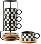 LUKA 6 Ounce Ceramic Stackable Black and White Checkered Espresso Cups with Saucers and Metal Stand Set of 4, Cappuccino Cups Set for Coffee Drinks, Latte, Cafe Mocha and Tea, Black Interior by LUKA