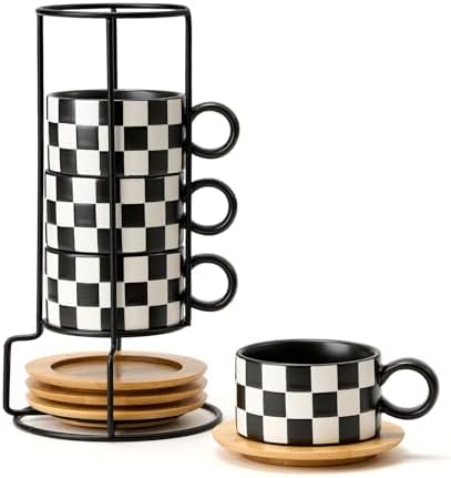 LUKA 6 Ounce Ceramic Stackable Black and White Checkered Espresso Cups with Saucers and Metal Stand Set of 4, Cappuccino Cups Set for Coffee Drinks, Latte, Cafe Mocha and Tea, Black Interior by LUKA