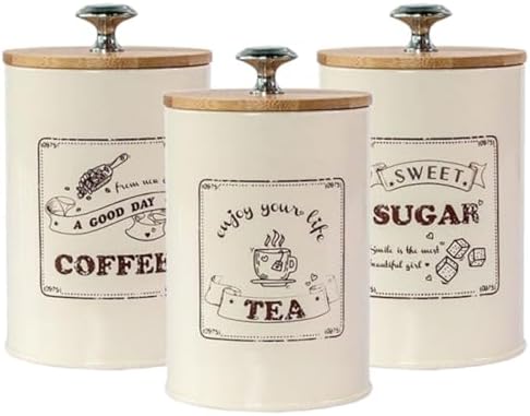 Uonlytech Vintage Kitchen Canister Set 3pcs White Metal Tea Coffee Sugar Storage Jars with Airtight Lids Dustproof Food Containers for Pantry Countertop Organization by UONLYtech