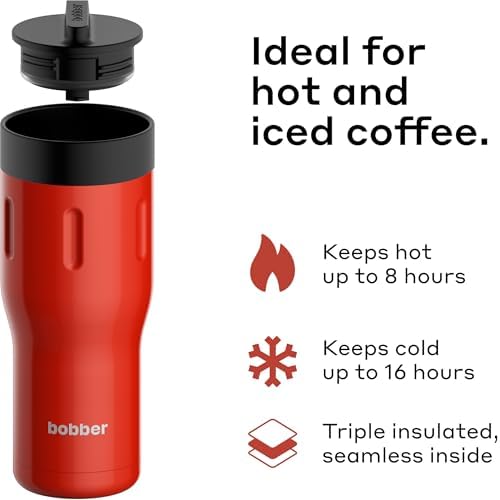 BOBBER 16 oz Stainless Steel Coffee Travel Mug – Leak-Proof, Spill Proof, Vacuum Insulated Coffee Tumbler for Car, Men – Dishwasher Safe Mug, Fits Car Cup Holder, Keeps Hot for 8 Hours (Red) - Image 2
